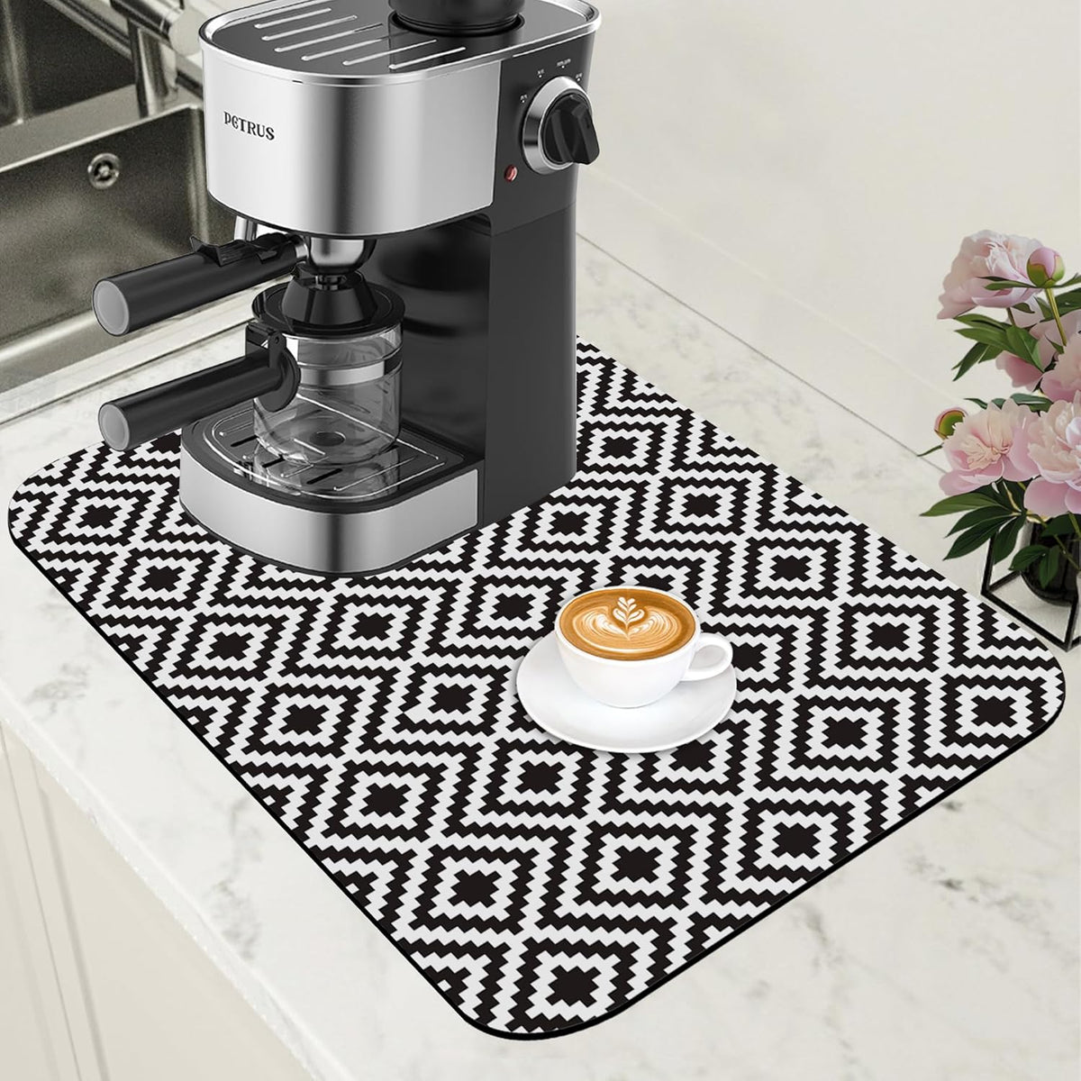 Dish Drying Mat Black and White Geometric Coffee Bar Mat for Countertop Absorbent Rubber Backed Hide Stain Dish Drainer Rack Pad Coffee Maker Espresso Machine Table Accessories 11.8 x 19.7 Inch