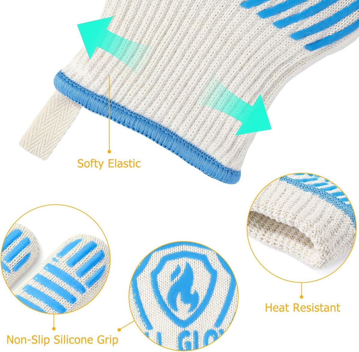 QUWIN BBQ Gloves, Oven Gloves 1472℉ Extreme Heat Resistant, Grilling Gloves Silicone Non-Slip Oven Mitts, Kitchen Gloves for BBQ, Grilling, Cooking, Baking-1 Pair… (Blue, One Size Fits Most)