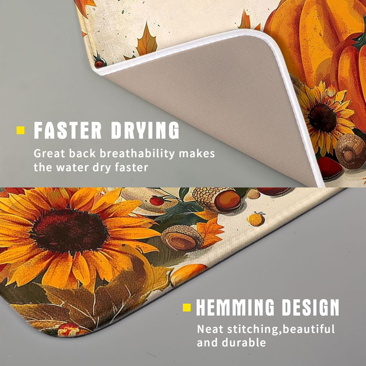 Happy Thanksgiving Day Harvest Dish Drying Mat for Kitchen Counter,Sunflower Maple Leaves Pumpkin Drying Mat 16 x 18 Inch with Absorbent Reversible Microfiber Dish Drying Pad for Coffee Bar