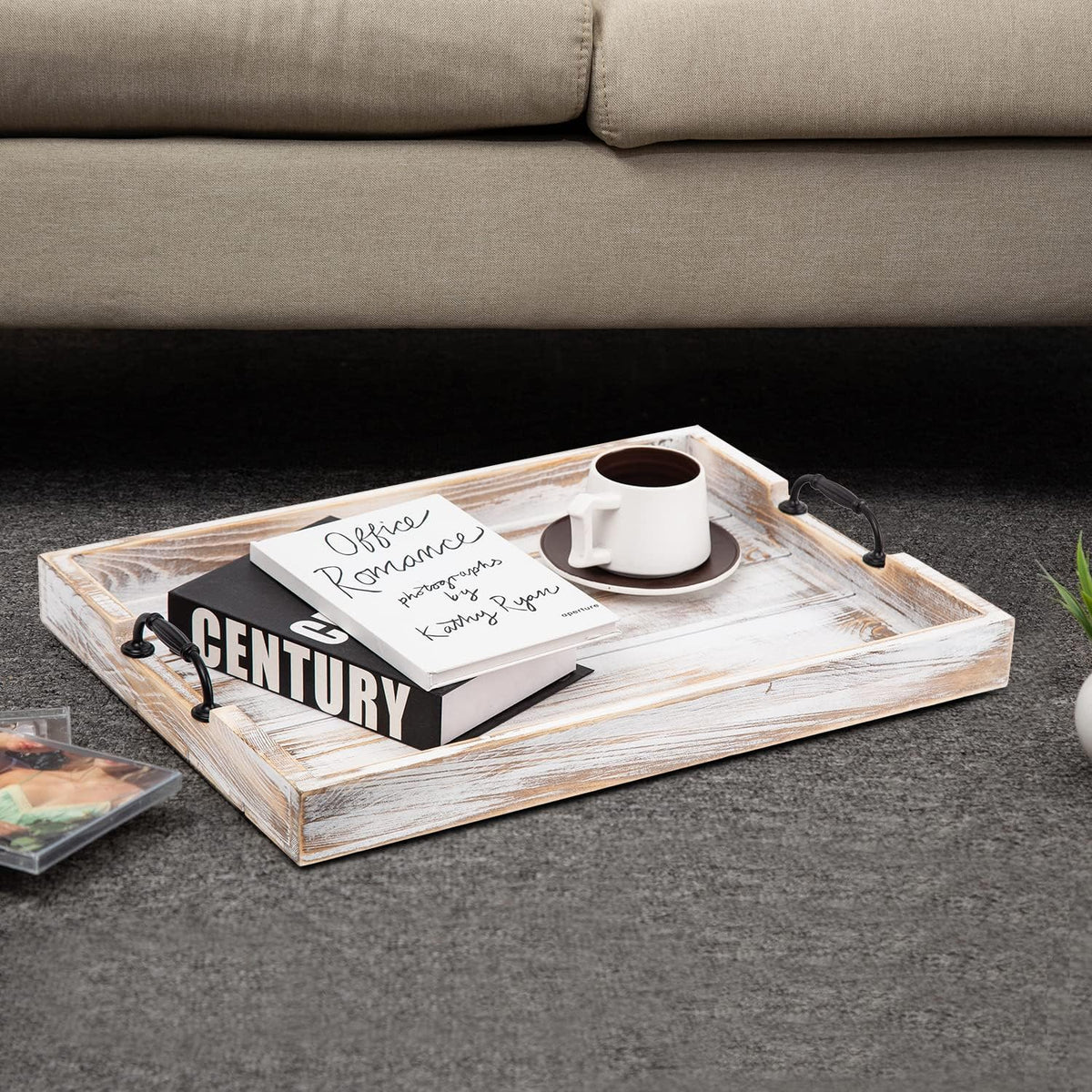 Rustic Vintage Big Wood Food Breakfast Serving Trays with Cutout Metal Handles(20 Inches) Large Nesting Board Decorative Serving Trays Platter in Bed, Ottoman, Coffee Table, BBQ, Party(Washed White