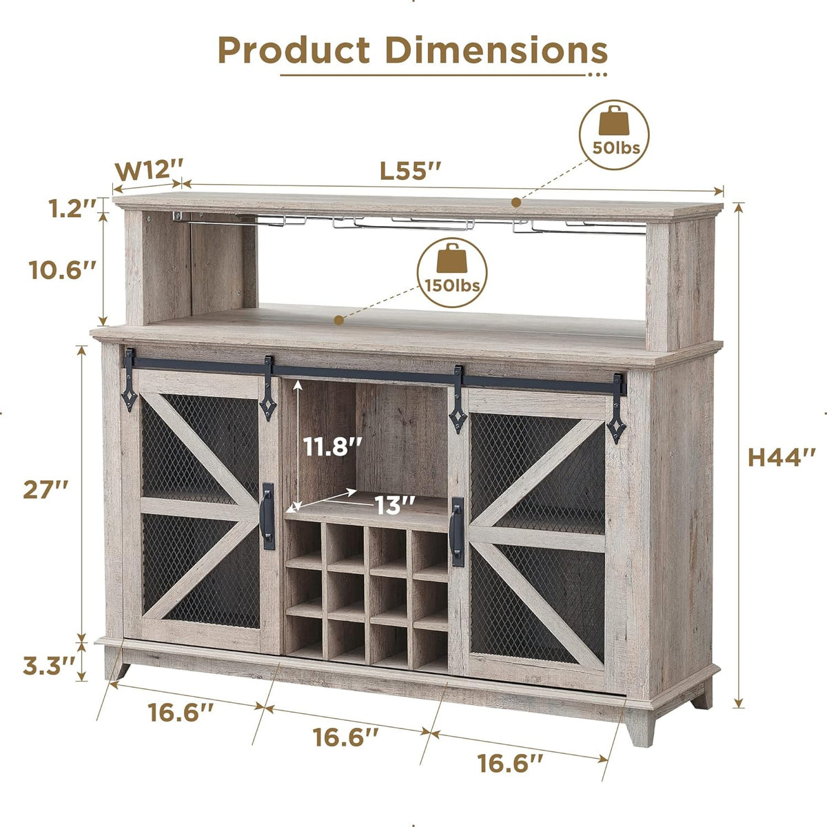 OKD Farmhouse Coffee Bar Cabinet with LED Lights, 55" Wine Bar w/Sliding Barn Door & Wine and Glass Rack, Kitchen Buffet Cabinet w/Storage Shelves for Dining Room,Light Rustic Oak