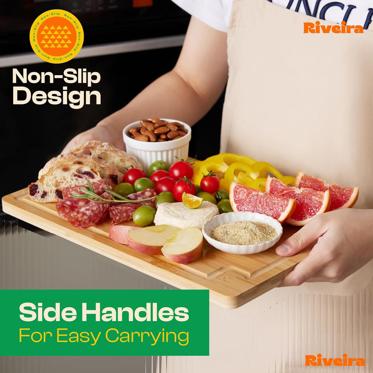 Riveira Bamboo Cutting Boards Versatile and Durable Set: 3 Comfortable Kitchen Boards