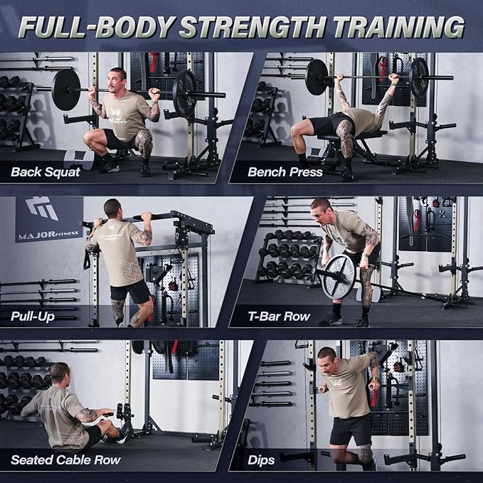 MAJOR FITNESS Drone3 Power Rack, Multi-Function Home Gym Squat Rack with Pull-Up Bar, Cable Crossover & J-Hooks, Heavy-Duty Steel Frame for Maximum Stability & Strength Training