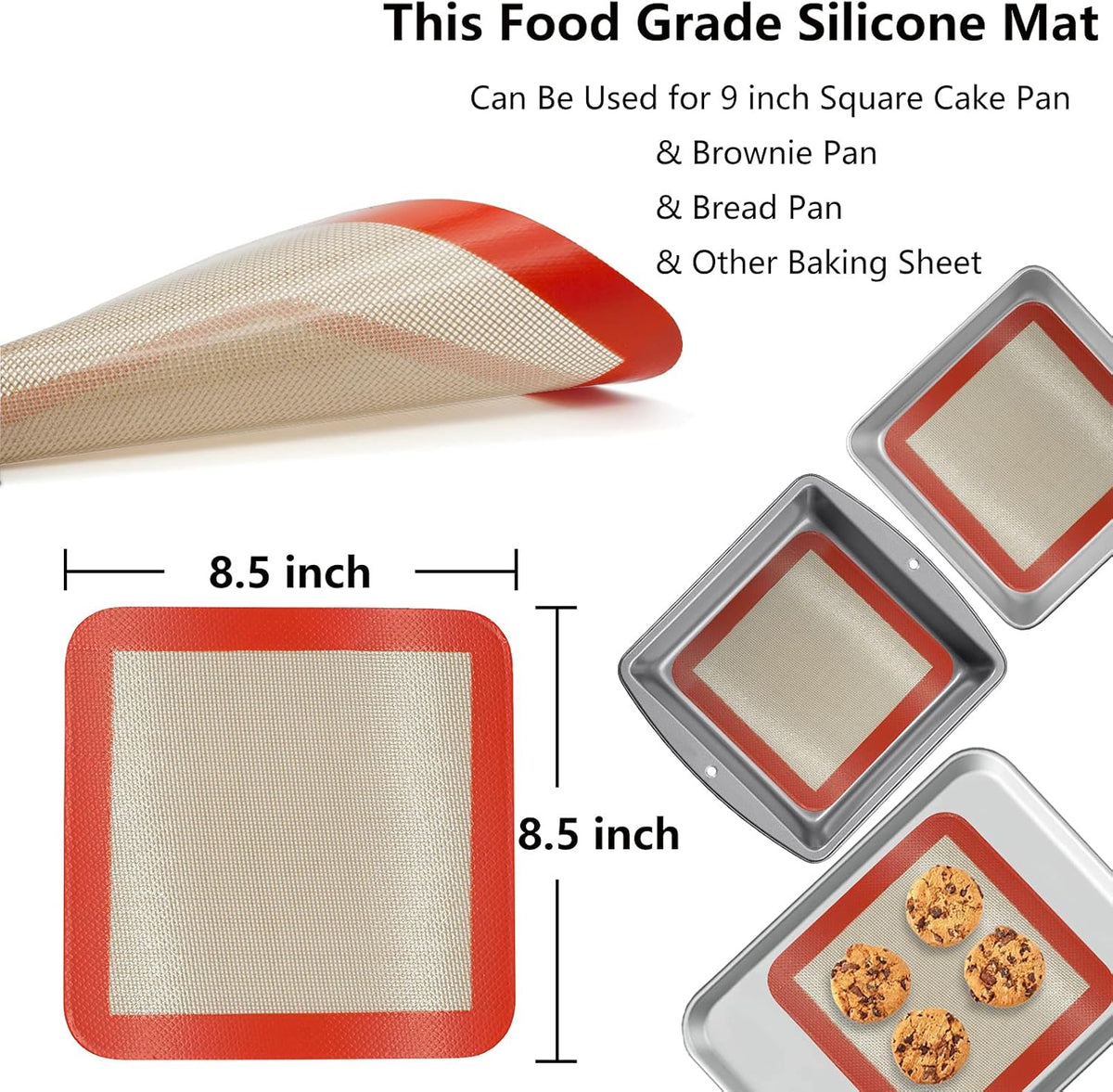 Square Silicone Baking Mats for 9 Inch Cake Pan, 8.5" Food Grade Non-stick Reusable Silicone Mat for Baking Pan for Bread/Pastry/Toast/Pie, Professional Cookie Sheets Liners for Brownie Pan 2 PCS