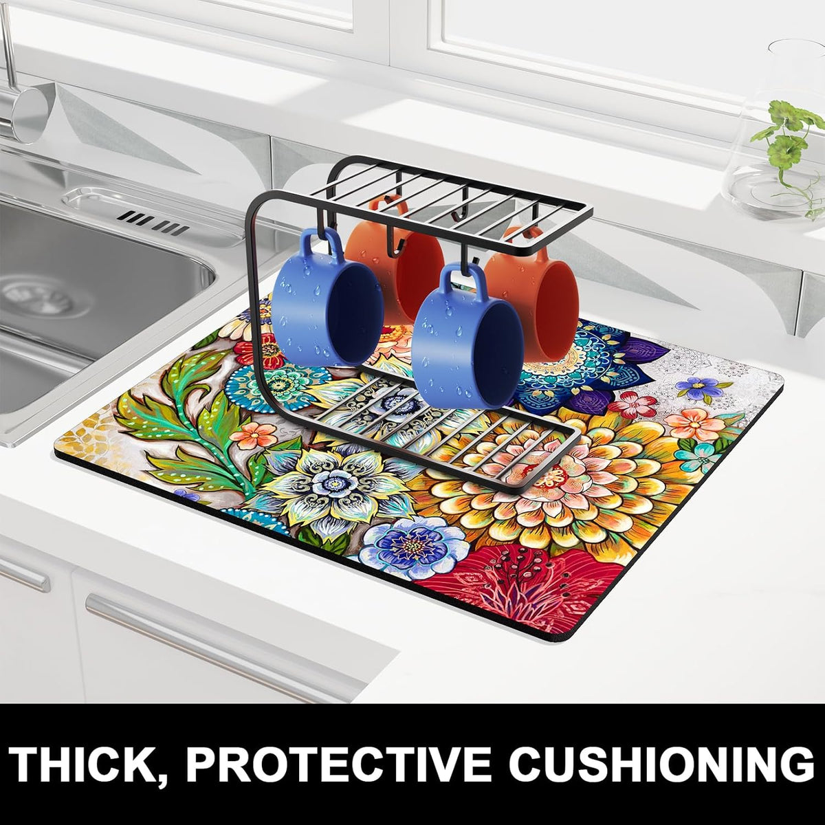 Rnivvi Dish Drying Mat for Kitchen Counter, 16 x 18" Cute Flower Theme Absorbent Heat Resistant Drying Pad with Non-slip Rubber, Coffee Bar Mats for Coffee Machine Dish Rack, Mandala Floral