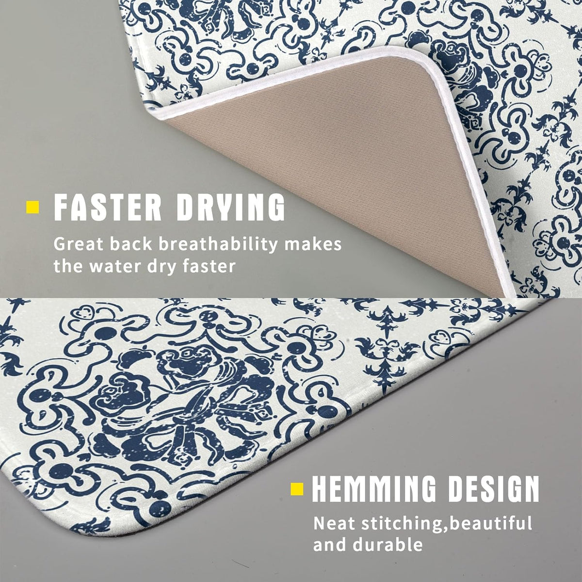 Bohemian Grey Retro Dish Drying Mat for Kitchen Counter,Boho Abstract Flower Art Drying Mat 16 x 18 Inch Microfiber Dish Drying Pad Dish Rack Pad Drainer Mat for Coffee Bar