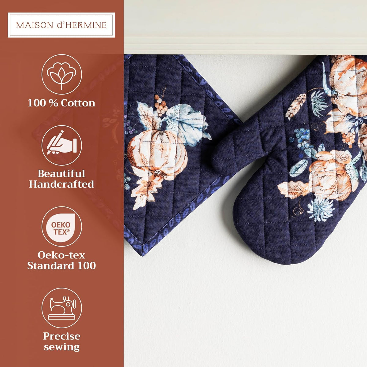 Maison d' Hermine 100% Cotton Oven Mitt & Pot Holder Set (7.5"x13" & 8"x8") Heat Resistant BBQ Cooking Gloves with Loop, Baking, Grilling, Kitchen, Handling Hot Pans (Pumpkin Blues)