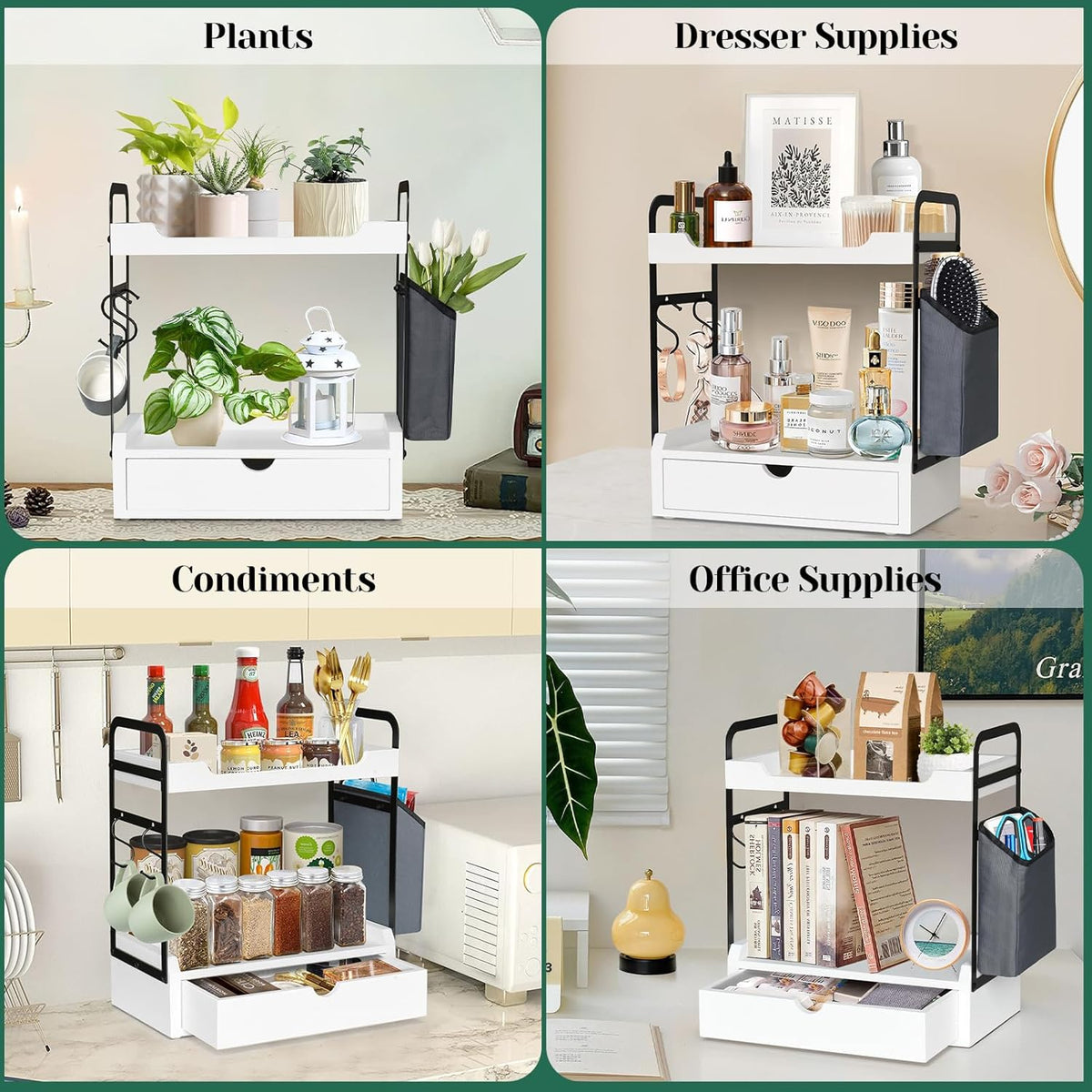 Coffee Station Organizer for Counter, Condiment Storage Caddy for Kitchen with Hooks and Bag,2 Tier Wooden Shelf for Coffee Bar Accessories,Coffee Bar Organizer for Kitchen, Home, Office-Brown