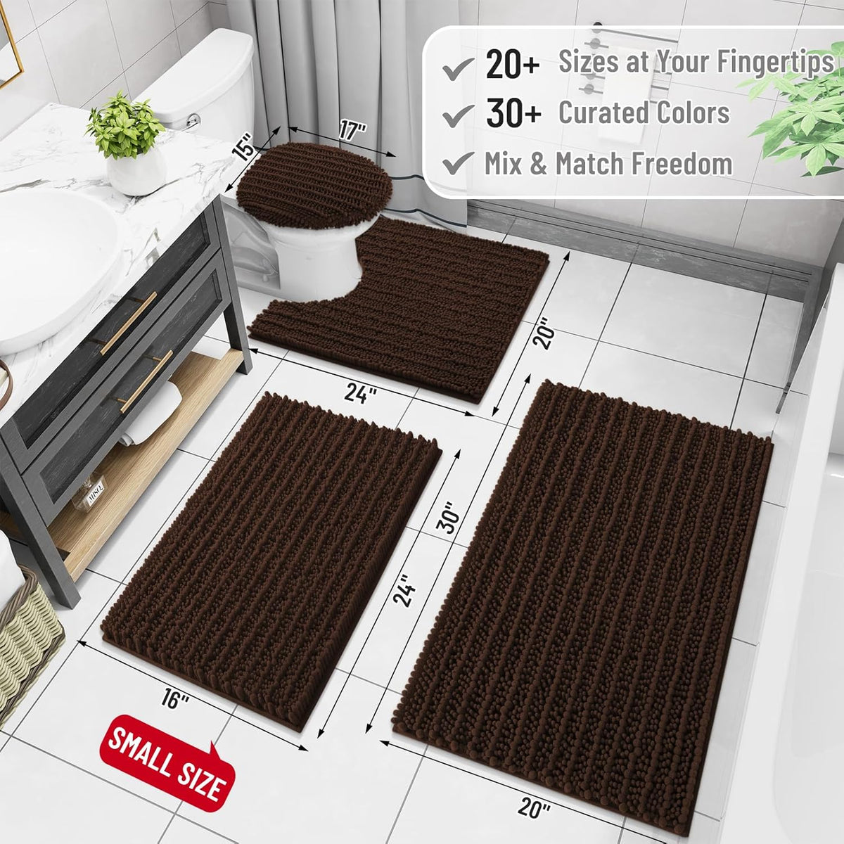 Arotive Luxury Chenille Bathroom Rug Mat, Extra Soft Thick Absorbent Shaggy Bath Rugs, Non-Slip Machine Wash Dry, Plush Bath Mats for Bathroom, Shower and Tub, 50x30, Brown