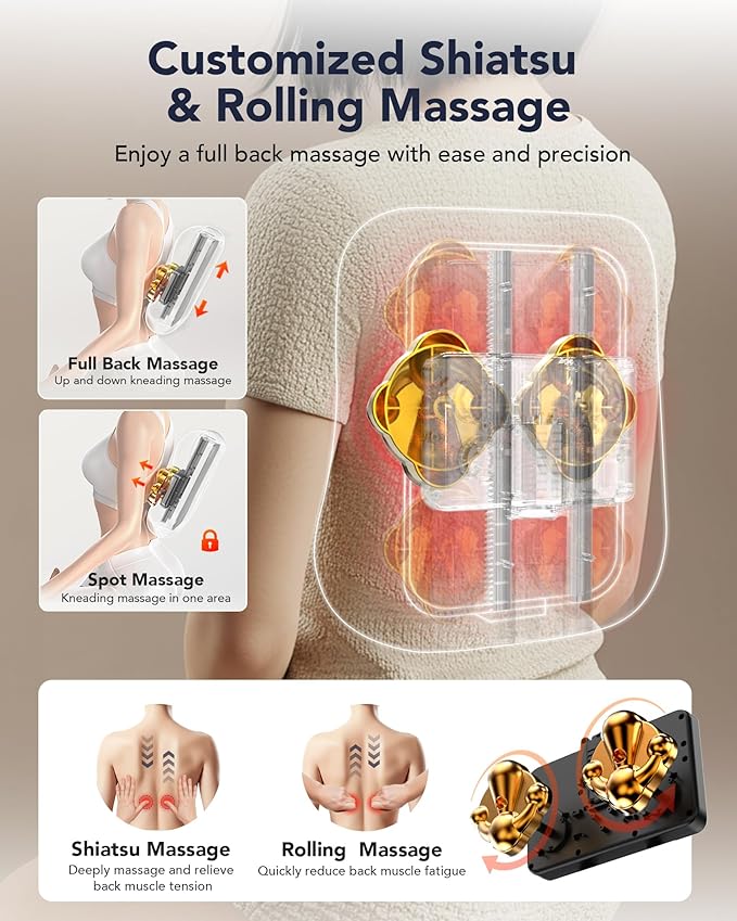 Boriwat Back Massager with Heat, Shiatsu 4D Kneading Rolling Up and Down Back Massage for Pain Relief Deep Tissue, Track-Guided & Lower Back Massager for Lumbar, Shoulder, Gifts for Women Men Mom Dad