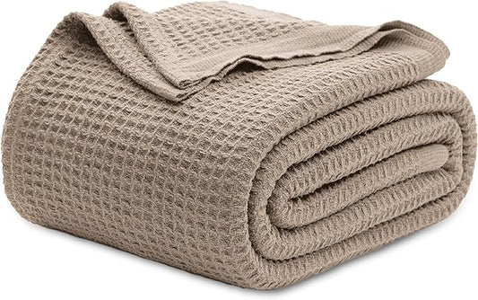 Bedsure 100% Cotton Blanket Queen Size for Bed - Breathable and Soft, Waffle Weave Blanket for Summer, Thick Cozy Fall Blankets for Women Gift, Taupe, 90x90 Inches