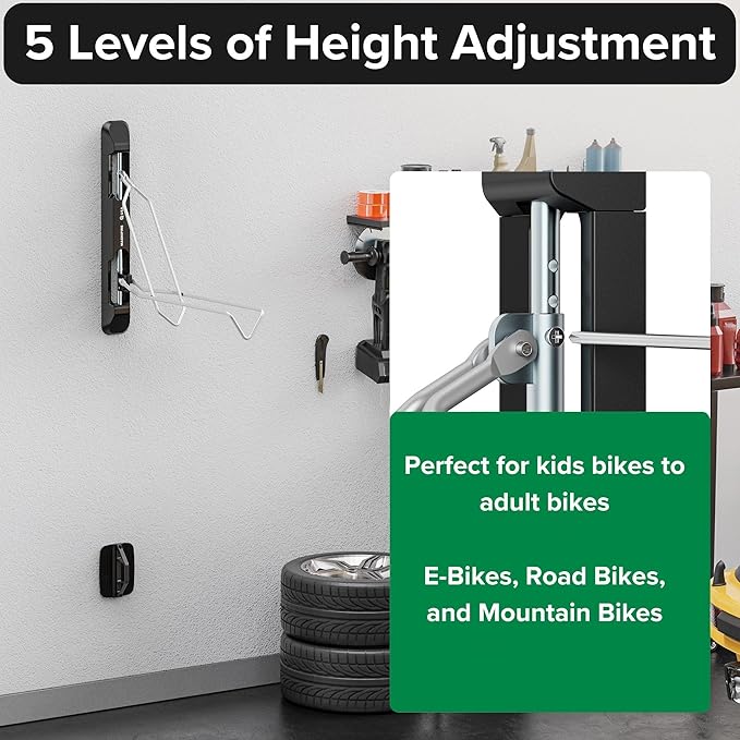 Bicycle Rack for Garage and Indoor Use, Adjustable, Foldable Bike Rack Set of 2 - Wall Mount for Road, Hybrid, Small Mountain, BMX Bikes - Secure and Space Saving Bike Storage (2 Pack)
