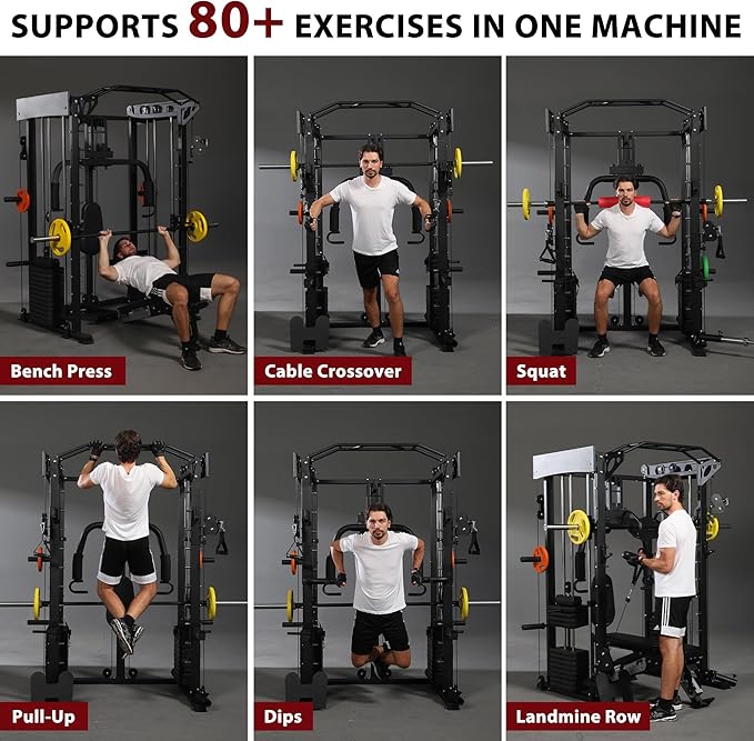 Smith Machine with Chest Fly & Leg Press, All-in-One Home Gym Power Cage with Weight Stack, Bench and Full Accessory Kit for Total Body Strength Training for Beginners