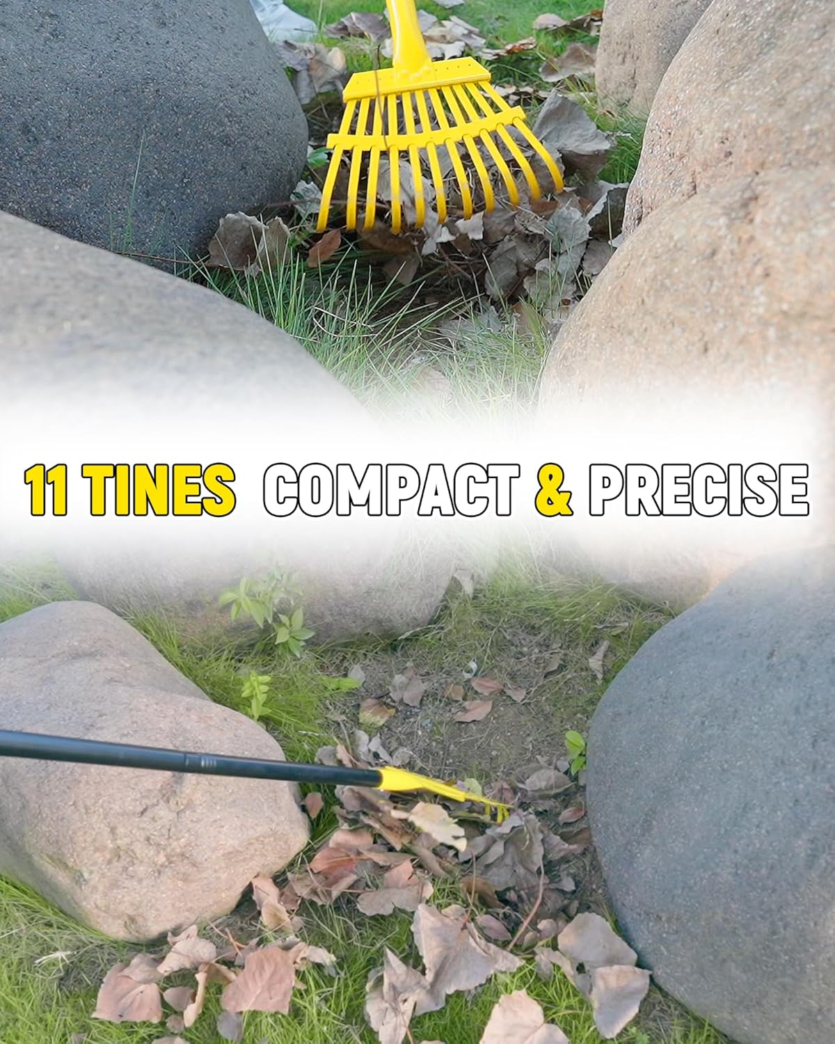 Garden Leaf Rake, 8.7” Wide Metal Rake with 11 Teeth, 59" Adjustable Long Handle, Heavy Duty Lightweight Leaf Rakes for Small Lawn Yard Shrub,Tight Spot Garden Bed Leaf Debris Picking Cleaning