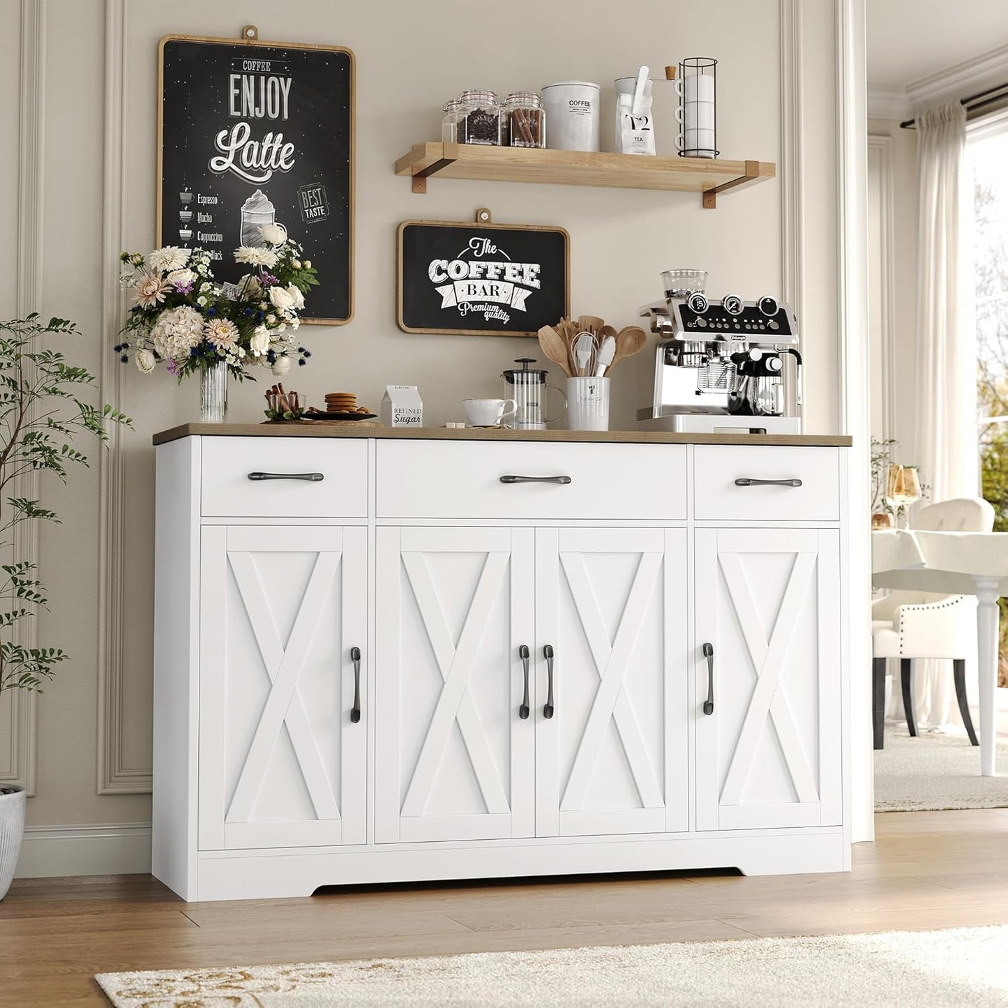 HOSTACK Buffet Cabinet with Drawers, 55" Large Sideboard Buffet Storage Cabinet with Shelves and Doors, Modern Farmhouse Coffee Bar Station Wood Kitchen Table for Kitchen, Dining Room, White/Rustic