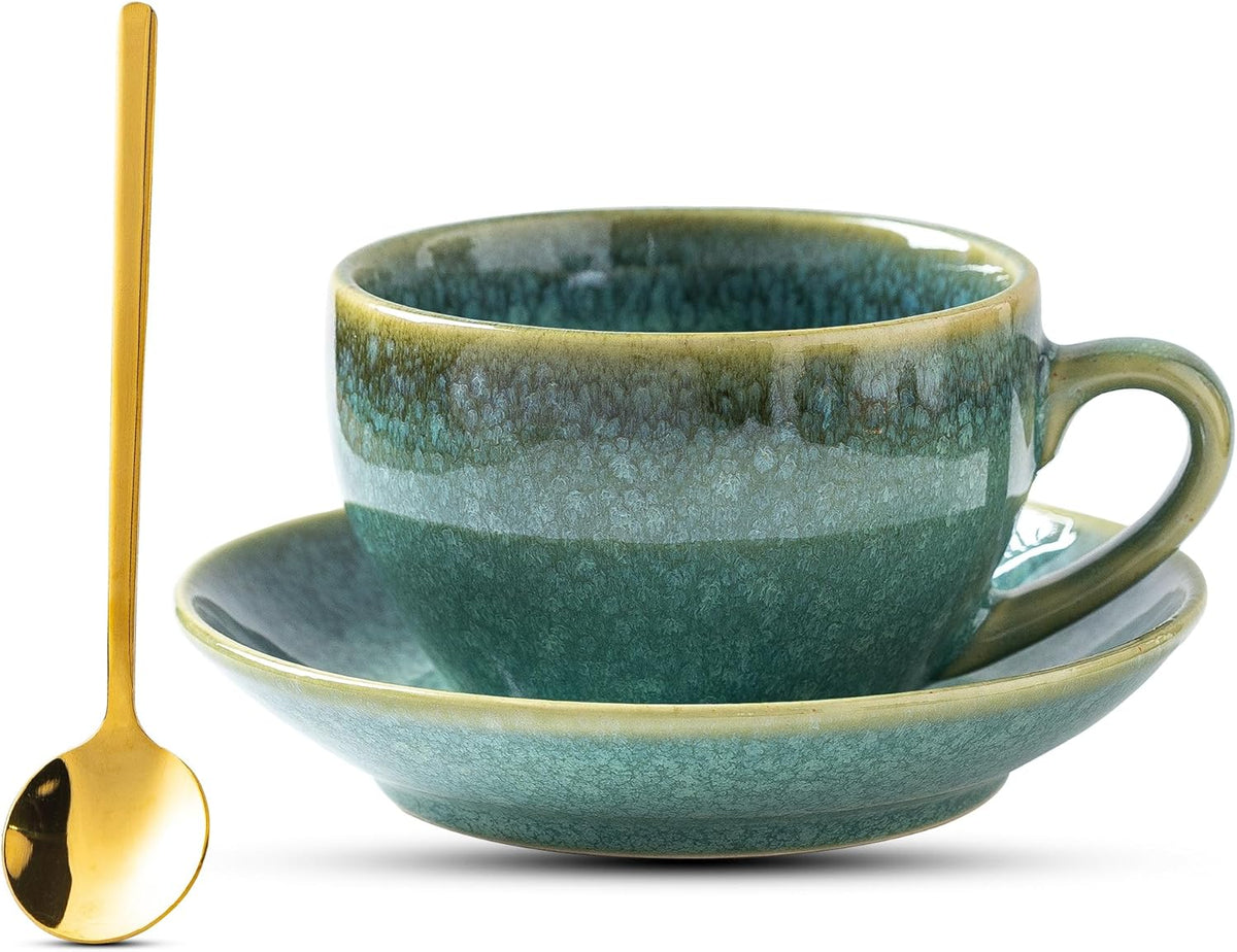 Porcelain Coffee Cup with Saucer Spoon, Vintage Design Ceramic Latte Art Cappuccino Barista Espresso Tea Cup with Saucer (11.6 oz, 350ml, Crystal Green)
