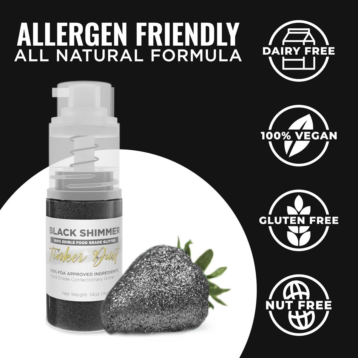 Bakell - Black Tinker Dust (4g, 1x Mini Spray Pump) Edible Glitter for Food, Desserts, and Beverages!