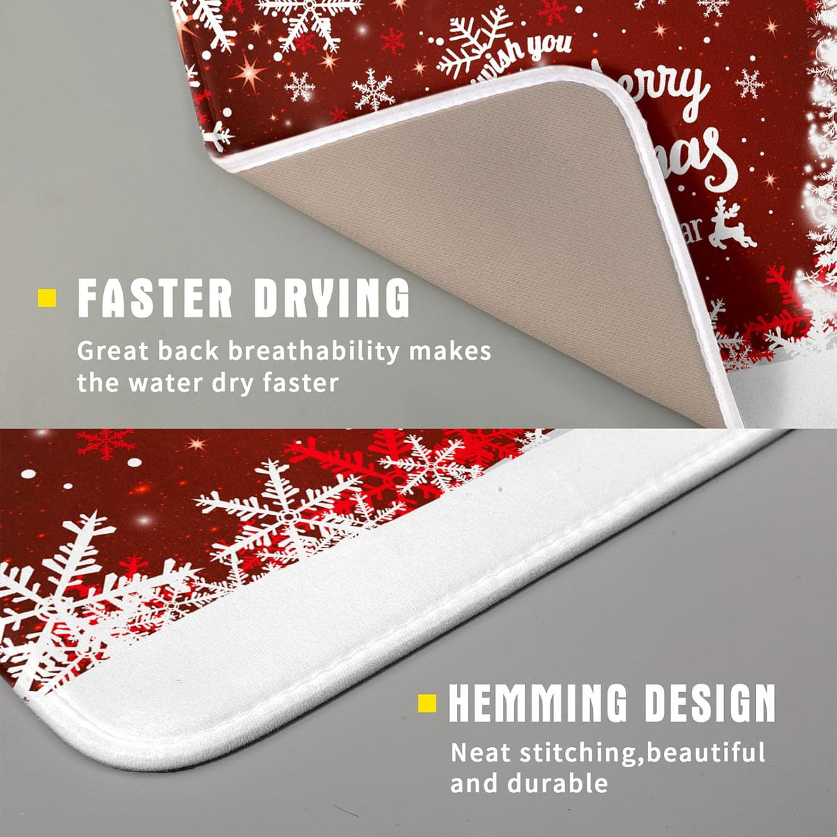 Happy New Year Red Dish Drying Mat for Kitchen Counter,Merry Christmas Tree Snowflake Drying Mat 16 x 18 Inch with High Absorbent Reversible Microfiber Dish Drying Pad Drainer Mat for Coffee Bar