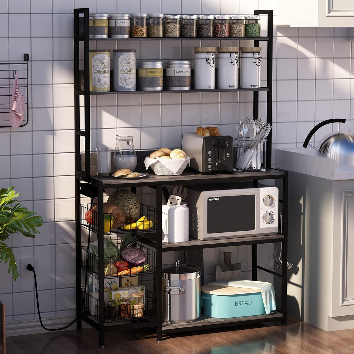 Kitchen Bakers Rack with Baskets and Power Outlet,5-Tier Kitchen Utility Storage Shelf with Hooks, Microwave Oven Stand Rack,Vintage Grey Free Standing Kitchen Shelf