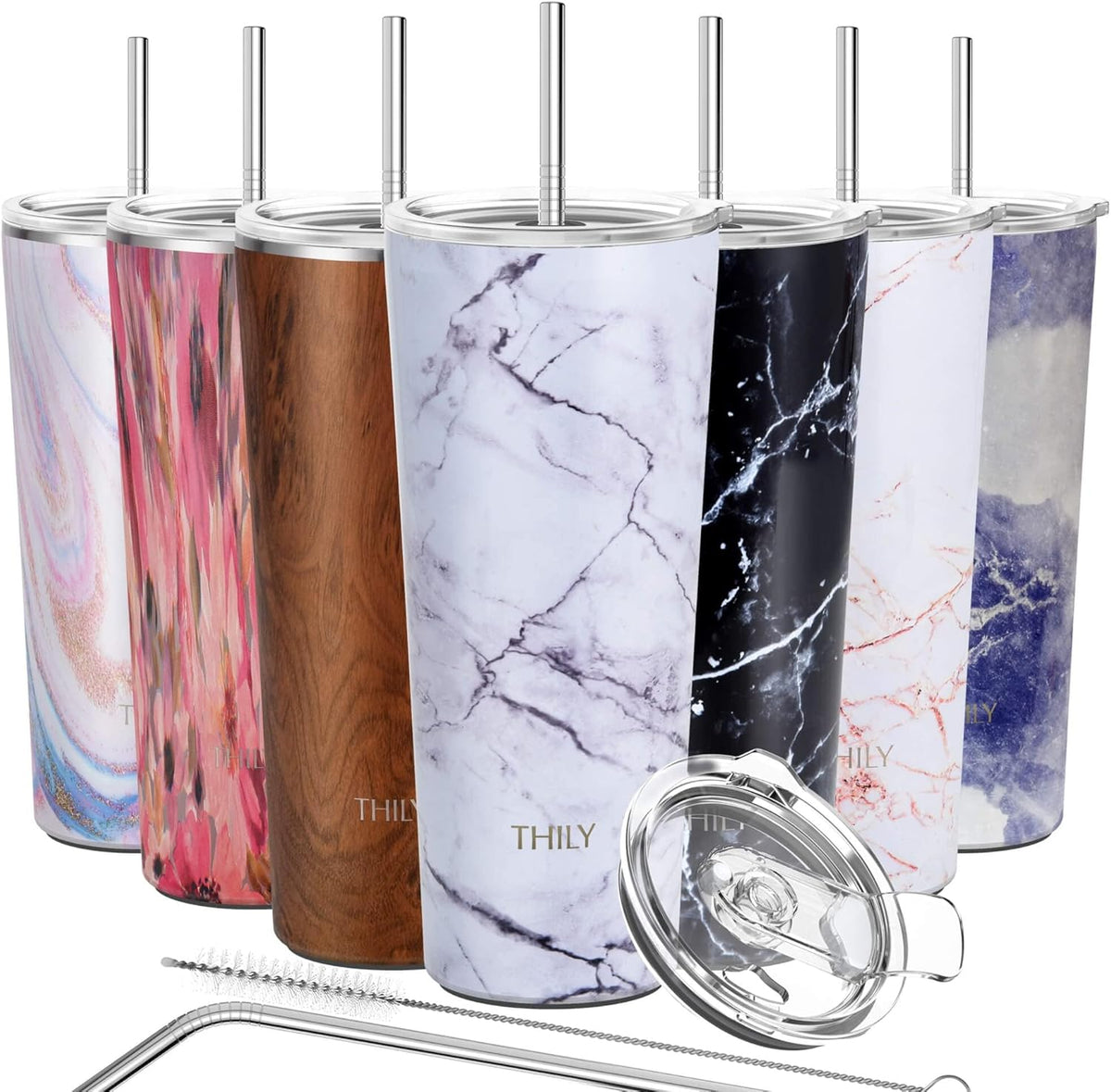 THILY Stainless Steel Vacuum Insulated Tumbler Travel Mug 26 oz Coffee Cup with 2 Lids and Straws, Splash Proof, Keep Ice Drinks Cold, White Marble