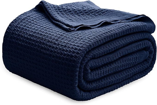 Bedsure 100% Cotton Blanket Queen Size for Bed - Breathable and Soft, Waffle Weave Blanket for Summer, Thick Cozy Fall Blankets for Women Gift, Pageant Blue, 90x90 Inches