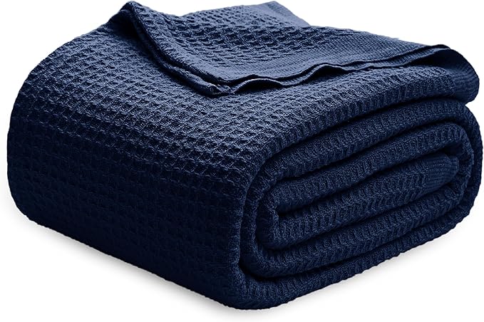 Bedsure 100% Cotton Blanket King Size for Bed - Breathable and Soft, Waffle Weave Blanket for Summer, Thick Cozy Fall Blankets for Women Gift, Pageant Blue, 104x90 inches