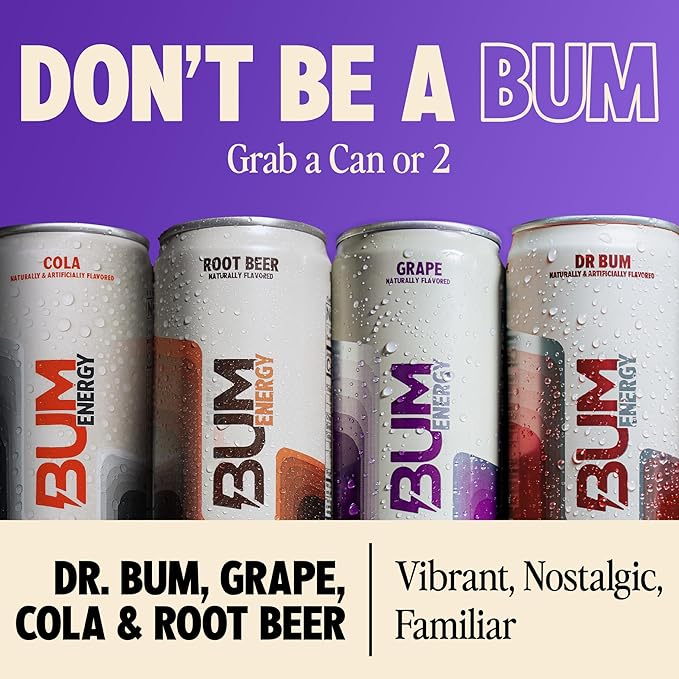 BUM Sugar-Free Energy Drink, Variety Pack - Lightly Carbonated & No Artificial Colors, Natural Caffeine & Citicoline for Energy & Focus, Brain Boost & Workout Sports Beverage - 12 oz, Pack of 12