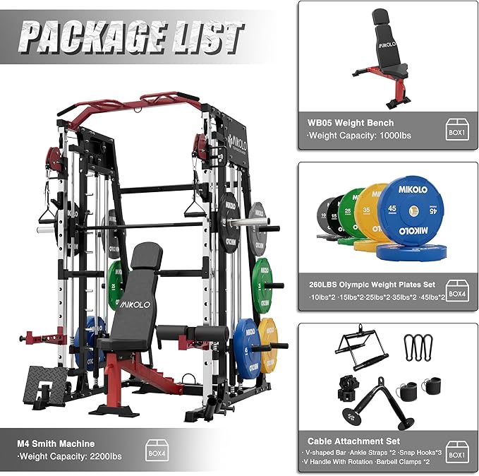 Mikolo Smith Machine, 2200lbs Squat Rack with LAT-Pull Down System & Cable Crossover Machine, Training Equipment with Leg Hold-Down Attachment