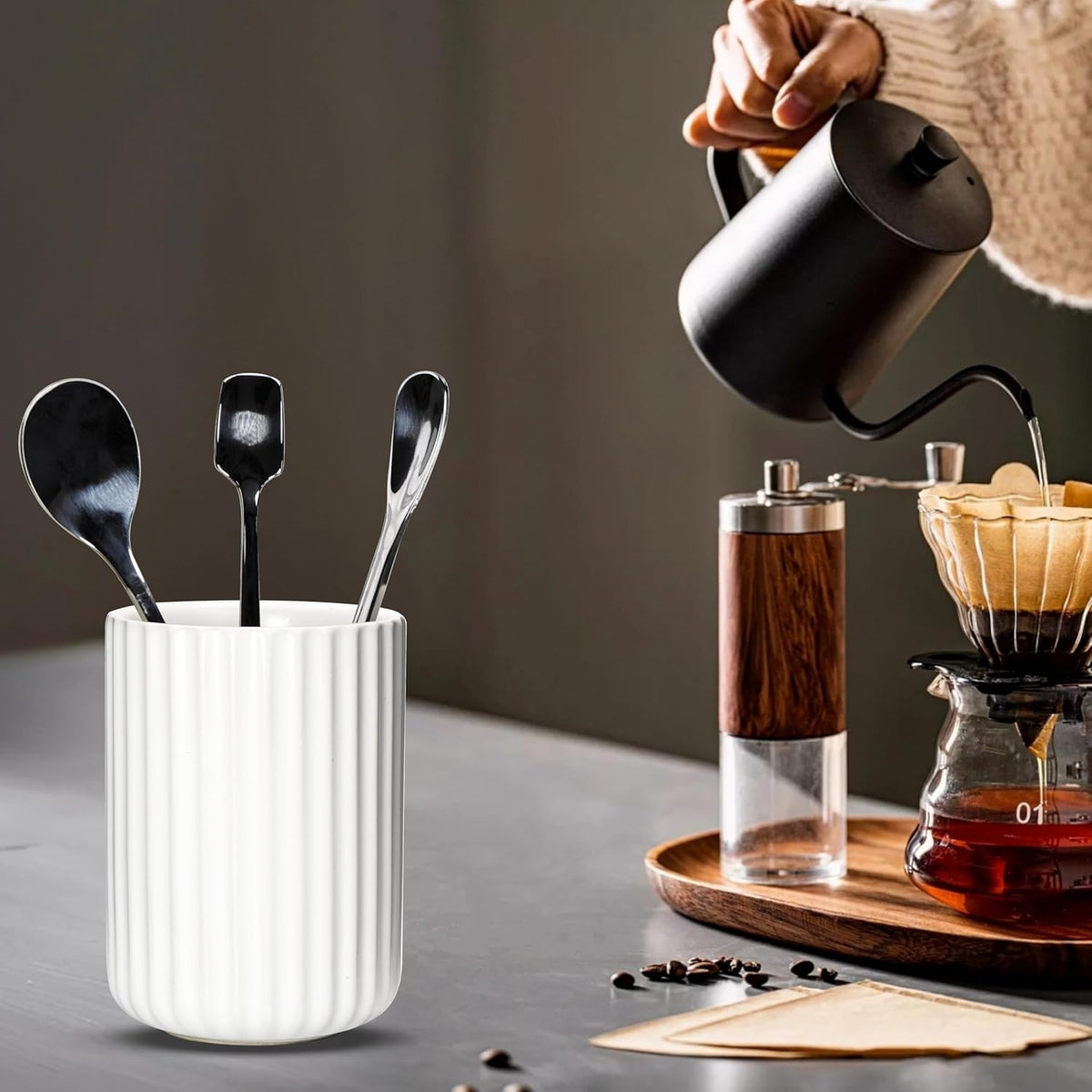 Ceramic Spoon Holder for Coffee Bar, Upright Tea Spoon Holder Cup, Coffee Stirrers Straws Stir Stick Holder, Black Fluted Surface
