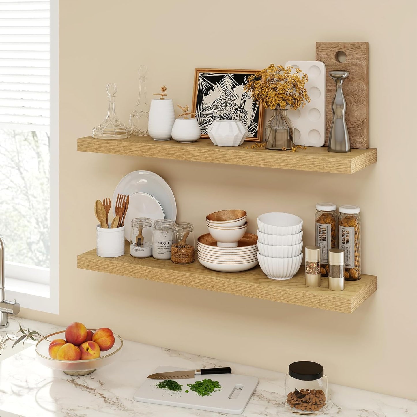 36 Inch Floating Shelves, 9.3" Deep Floating Shelf Wall Mounted, 36" Wall Shelves, Rustic Deep Bookshelf, Large Display Shelves & Storage Shelves for Bedroom, Living Room, Oak, Set of 2