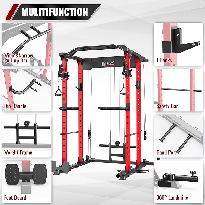 MAJOR FITNESS PLM03 Power Rack - 1400LBS Home Gym with Cable Crossover, Pull-Up Bar & Landmine, Strength Training Equipment