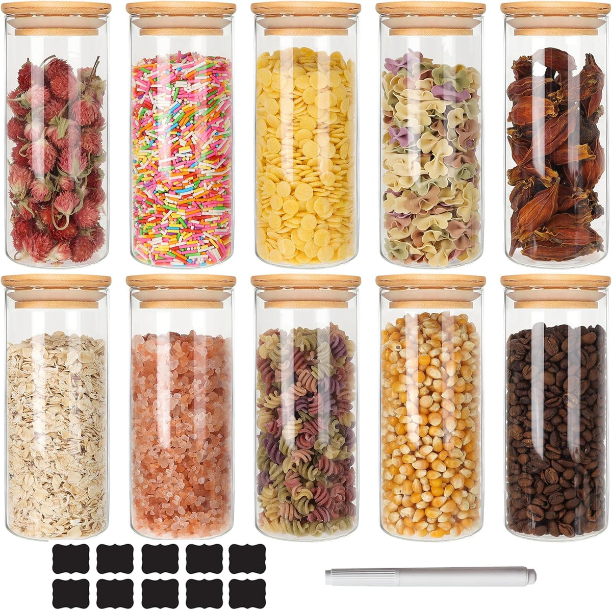 Glass Food Storage Containers Jars with Airtight Bamboo Lid 14 oz 10 pcs, 450 ml Pantry Organization Jar, Glass Terrarium with Lid, Spice, Flour and Sugar Container, Canister Set for Kitchen Counter
