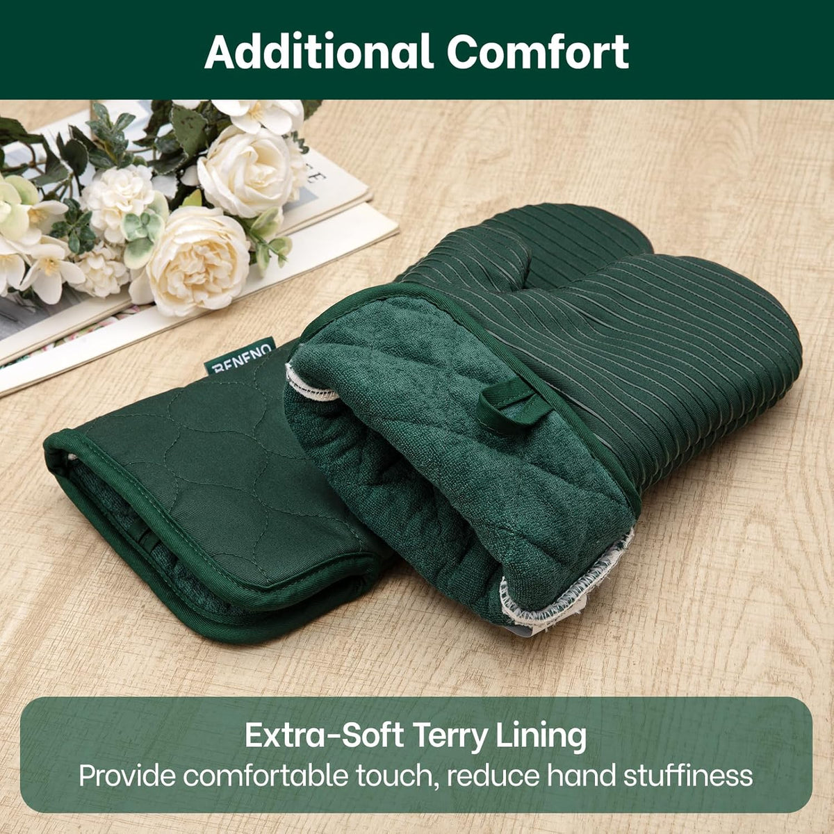 Beneno Kitchen Oven Mitts 2-Pack Heat Resistant to 500°F with Non-Slip Silicone Grip, Extra Long 14.3" Forearm Protection, Soft Quilted Cotton Terry Lining, Ideal for Cooking, Baking, Grilling, Green