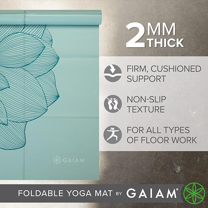 Gaiam Yoga Mat - Folding Travel Fitness & Exercise Mat - Foldable Yoga Mat for All Types of Yoga, Pilates & Floor Workouts (68"L x 24"W x 2mm Thick)