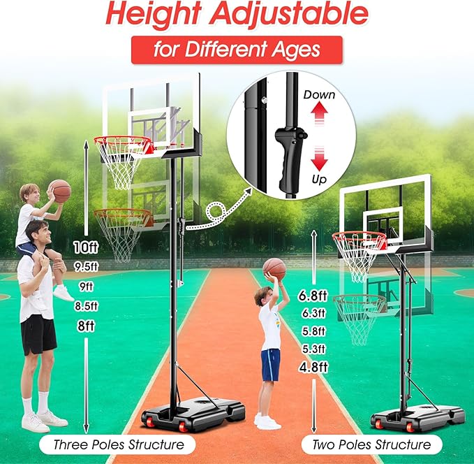 Basketball Hoop Outdoor 44 Inch Shatterproof Backboard 4.8-10ft Height Adjustable Portable Basketball Hoop Goal System for Kids Youth Adults Play in Backyard/Courts/Indoor