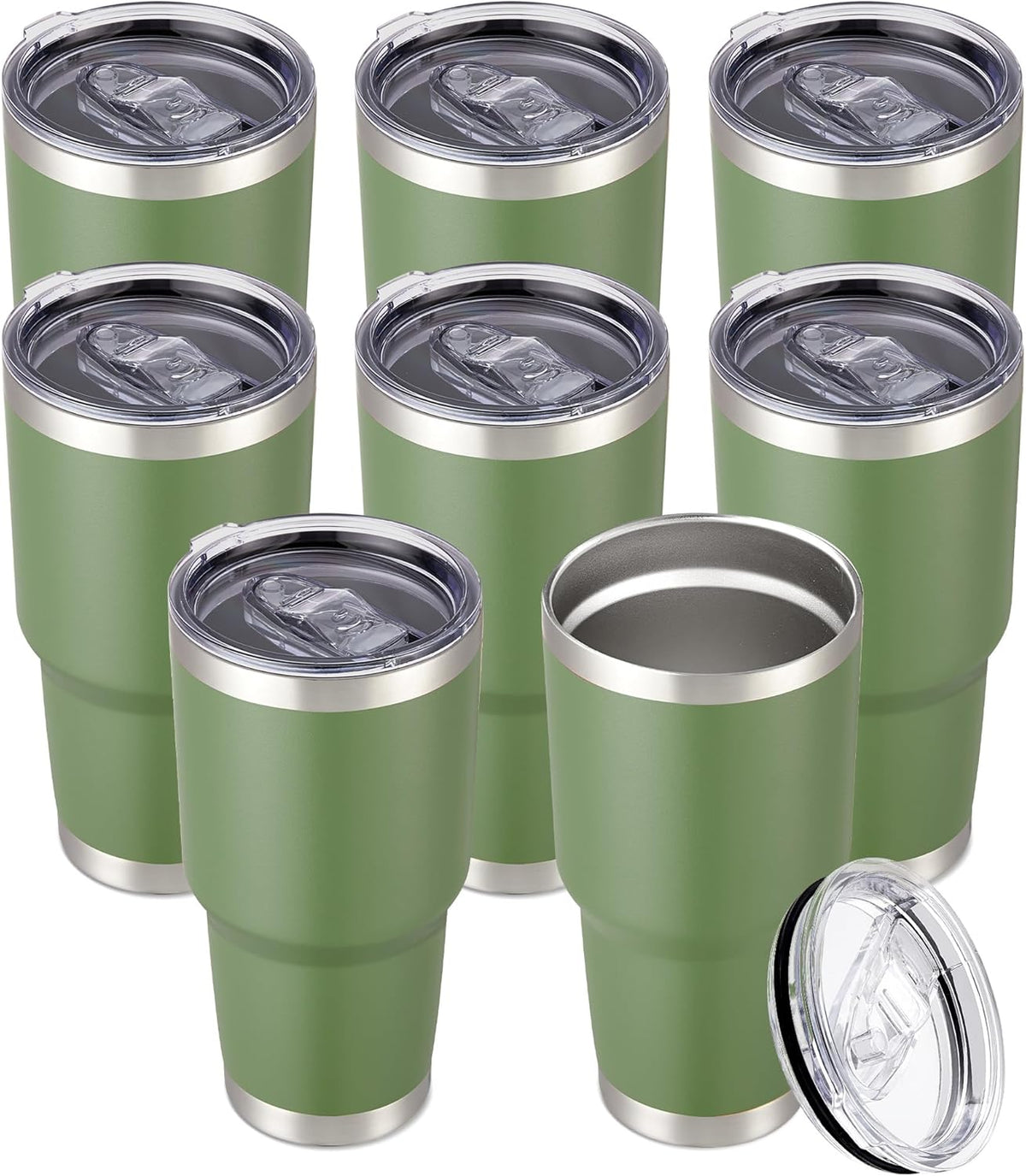 30 oz Tumbler with Lid Stainless Steel Tumblers Bulk Vacuum Insulated Cup Reusable Powder Coated Travel Mug Double Wall Leak Proof Cups Keep Cold Drinks for 12 Hours Army Green, Set of 8