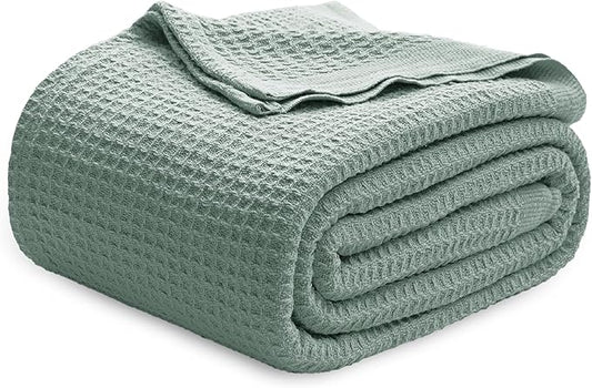 Bedsure 100% Cotton Blanket King Size for Bed - Breathable and Soft, Waffle Weave Blanket for Summer, Thick Cozy Fall Blankets for Women Gift, Sage Green, 104x90 inches