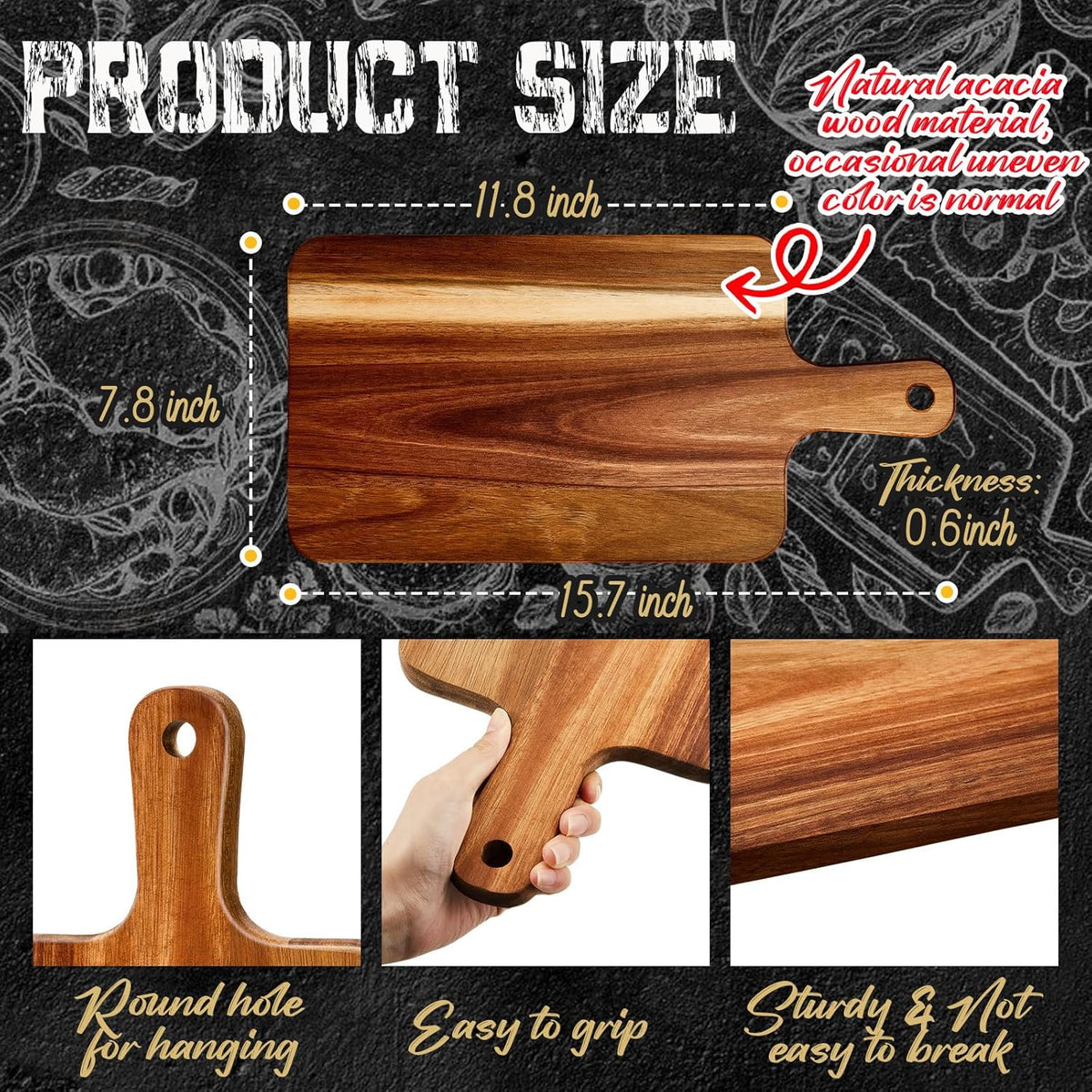 Nuenen 40 Pcs Wood Cutting Board with Handle 15.7 x 7.8 Inch Acacia Bamboo Wooden Serving Kitchen Chopping Boards for Pizza, Bread, Cheese, Charcuterie, Fruit, Vegetables (Acacia)