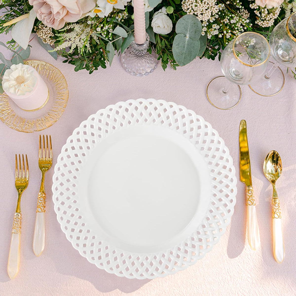 Large White Dinner Plates 12 inch, Ceramic Dinner Plates Set of 4, Basketweave Wide Rim Stackable Hotel Value Round Coupe Shape for Restaurant, Kitchen, Party, Home, Gifts, Microwave Dishwasher Safe