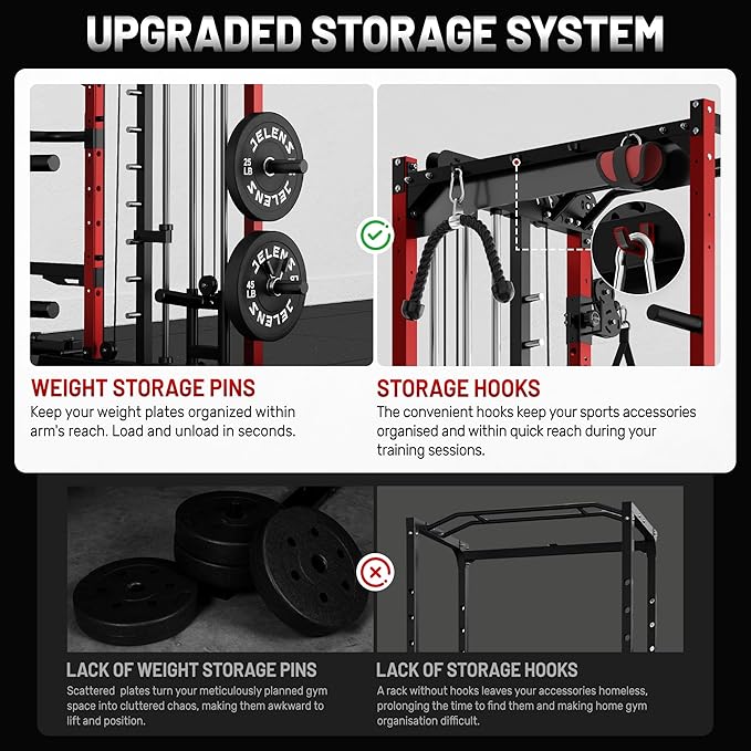 Smith Machine for Home Gym, Multi-Function M12 Power Cage with Cable Crossover System, Squat Rack with Smith Bar and More Attachment