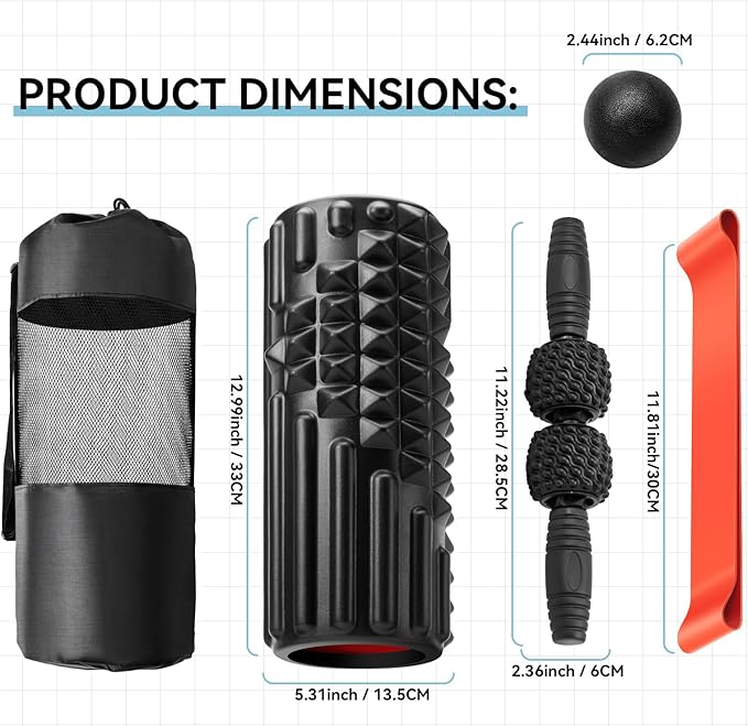 5 in 1 Foam Roller Set, High Density Fitness Exercise Foam Roller for Deep Tissue Muscle Massage, Massage Roller, Massage Ball, Resistance Band, for Whole Body(Black)
