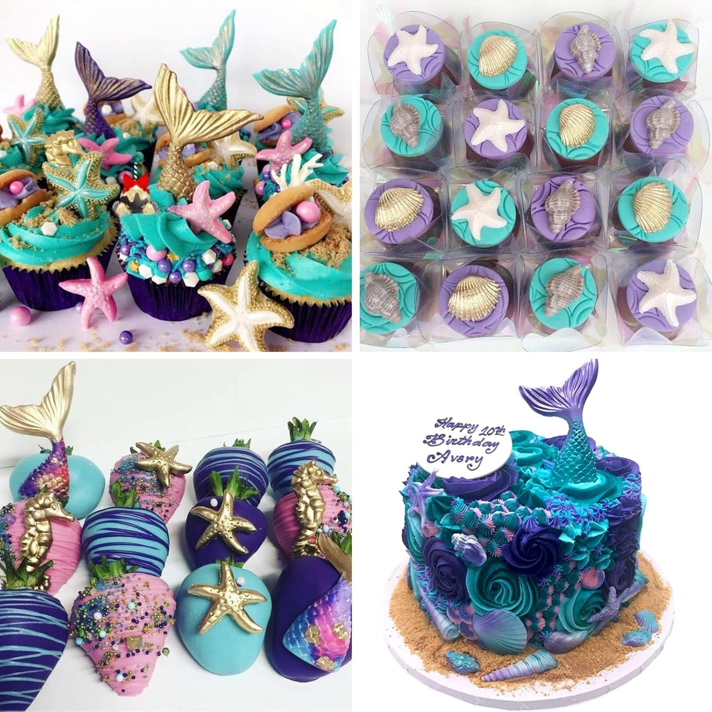 SAKOLLA Mermaid Theme Silicone Fondant Mold - Mermaid Tail Seashell Starfish Hippocampus Conch Silicone Mold for Under The Sea Cake Decoration, Gum Paste, Polymer Clay, Cupcake Decor, Sugar Craft