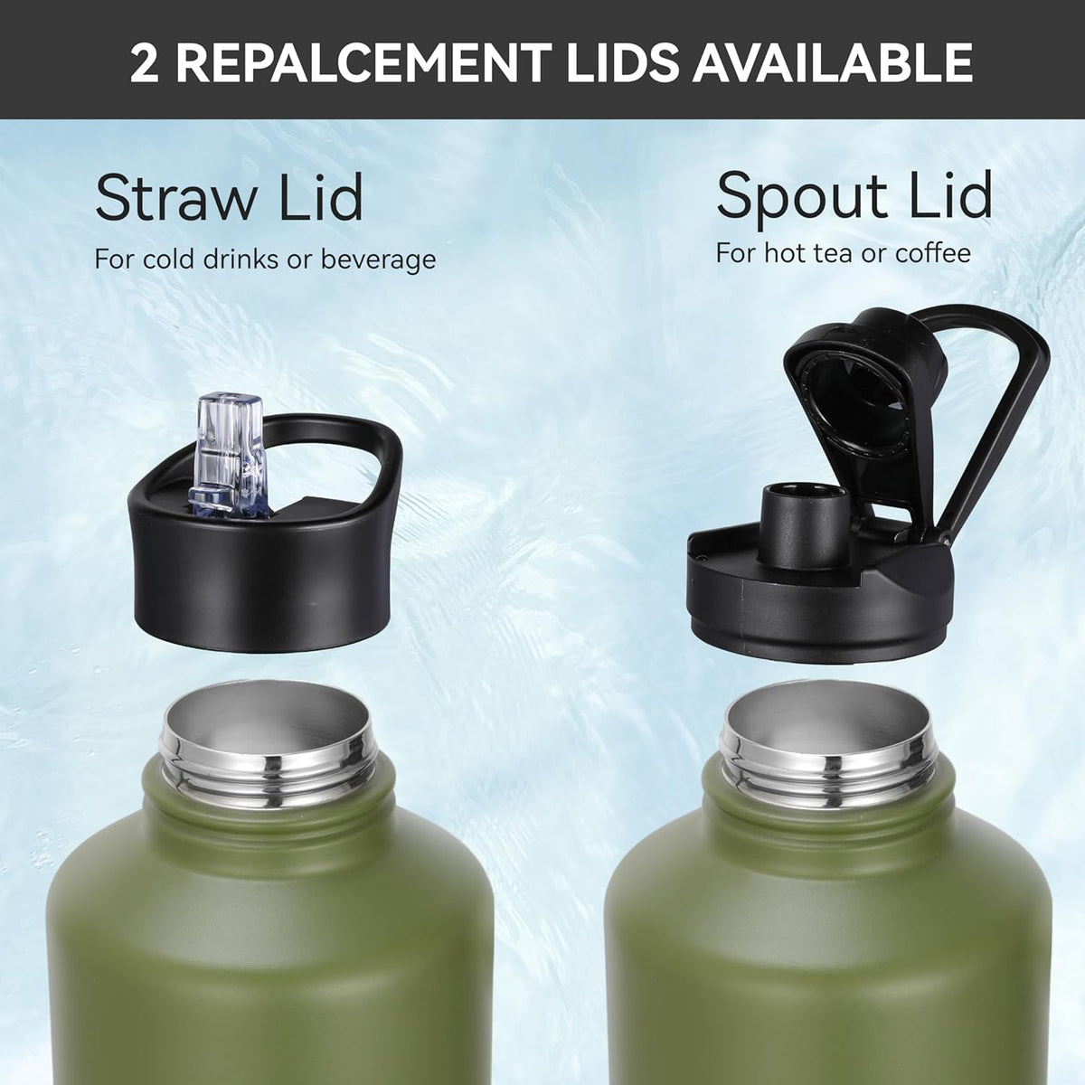 HASLE OUTFITTERS Half Gallon Insulated Water Bottles 64 oz, Stainless Steel Metal Water Jug with 2 Lids Keep Cold 48h/Hot 24h, Leak Proof & BPA-Free Water Flask Jug(Army Green,1)