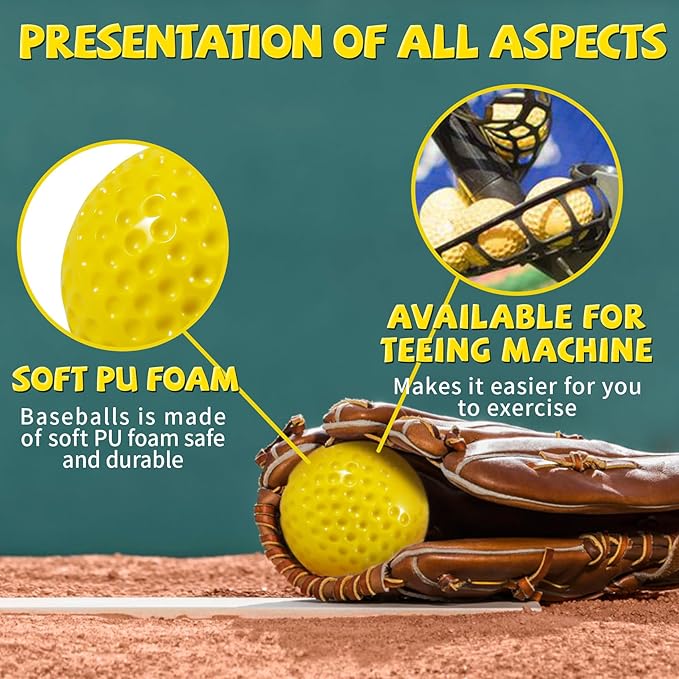 Bucket Pitching Machine Baseballs 24/36 Pack - 60 MPH High Bouncy Yellow Dimpled Practice Balls | Lightweight & Durable for Batting/Fielding Training | Indoor/Outdoor All Ages