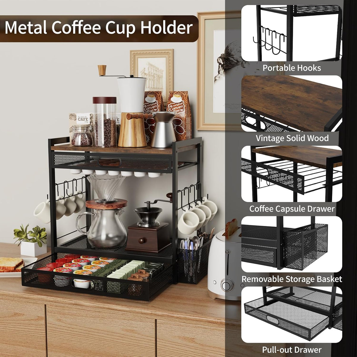 Coffee Bar Organizer Station with CoffeePod Drawer Mug Cup Holder and Tea Condiment Storage Kitchen Countertop Organizer CoffeeBar Accessories for Kitchen,Home,Office