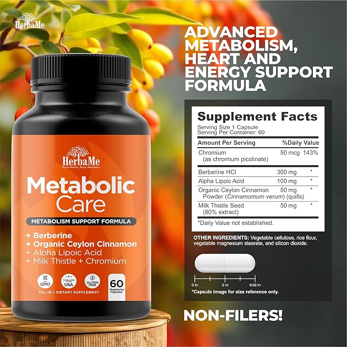 Berberine Supplement with Ceylon Cinnamon, Chromium, Alpha Lipoic Acid, Metabolic Care Supports Metabolism & Cardiovascular Health and Immune System, Helps Maintain Steady Energy Levels