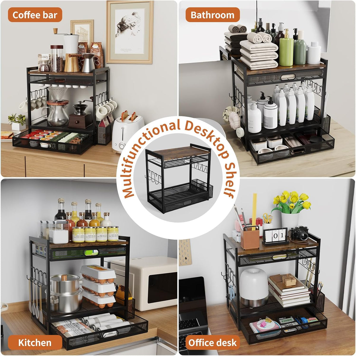 Coffee Bar Organizer Station with CoffeePod Drawer Mug Cup Holder and Tea Condiment Storage Kitchen Countertop Organizer CoffeeBar Accessories for Kitchen,Home,Office