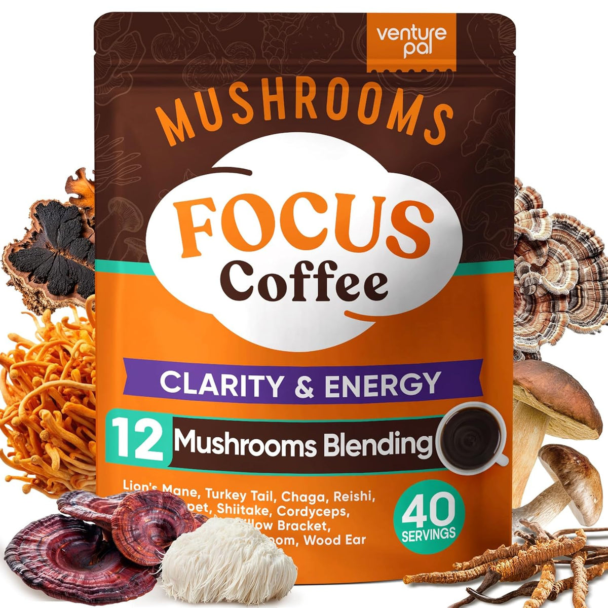 Venture Pal Mushroom Coffee with 12 Adaptogenic Functional Mushrooms with Ashwagandha, Lion's Mane, Chaga and Probiotics, 1200mg Mushrooms Instant Coffee for Focus, Digestion & Immunity - 40 Servings