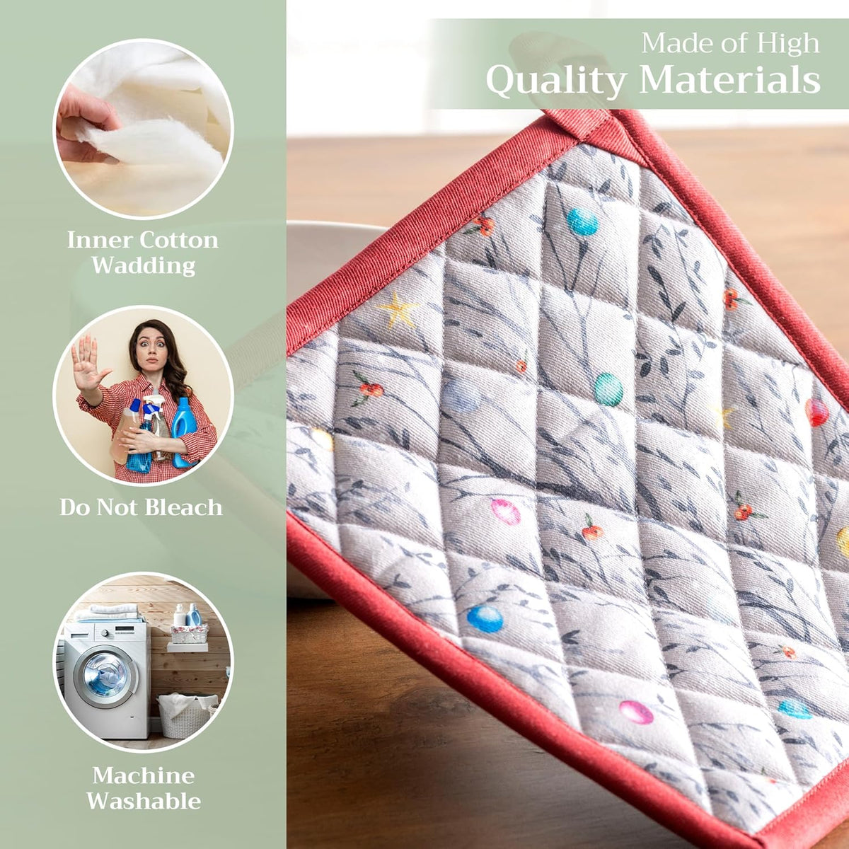 Maison d' Hermine Pot Holders Set 100% Cotton Heat Resistant Potholders 8" x 8" Hot Pads with Loop BBQ, Cooking, Baking, Grilling, Kitchen, Handling Hot Pans (Pack of 2, Fairy Christmas)