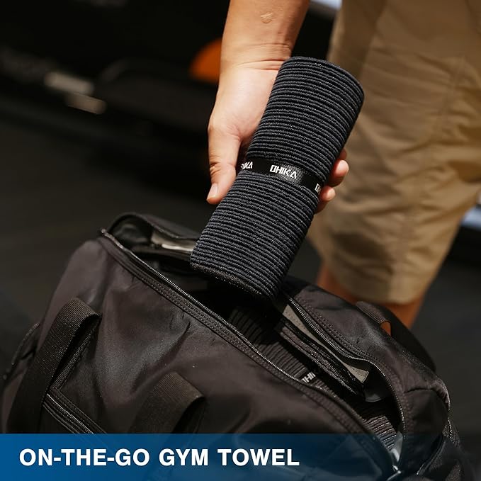 Microfiber Gym Towels with Snap Strap Closure, Ribbed Pattern Sports Towels for Yoga, Home and Outdoor Activities, 27” x 16”, 6 Pack, Black/Grey/Light Blue